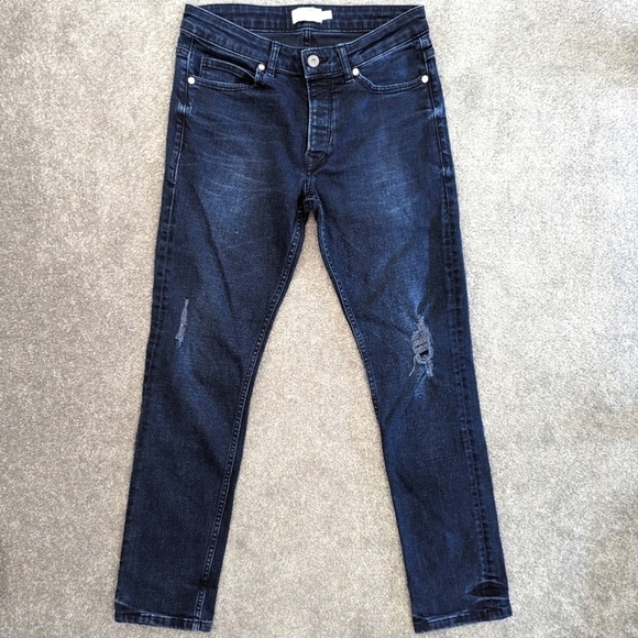 TOPMAN Men's Distressed Jeans Size 30 Dark Blue Denim Pants - Picture 1 of 10